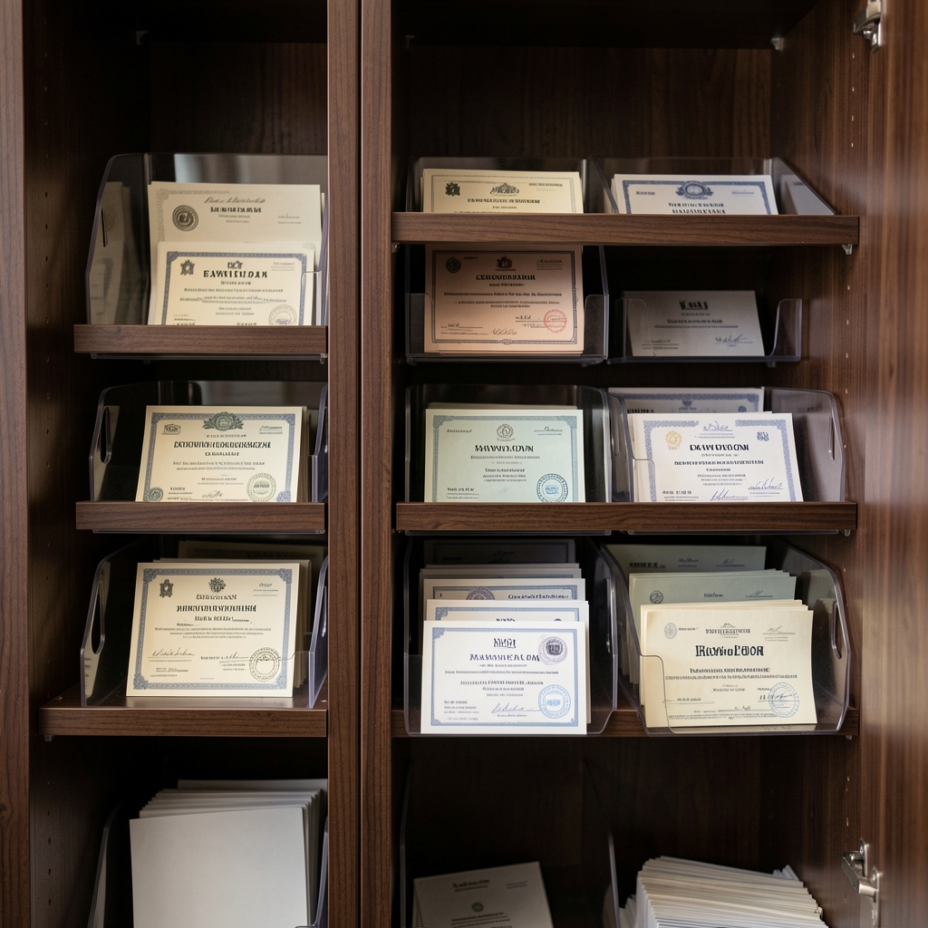 Archiwum dokumentacyjne pracowni Lazenko — segregatory z kartami składnikowymi i certyfikatami partii na półkach ciemnego drewna