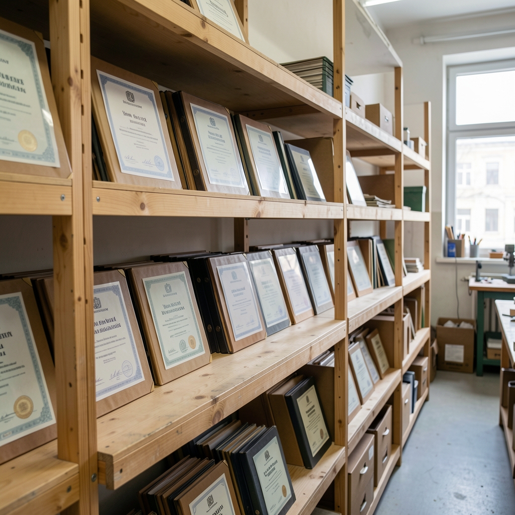 Archiwum pracowni Lazenko — teczki z certyfikatami składu ułożone chronologicznie na drewnianych półkach pracowni w Warszawie